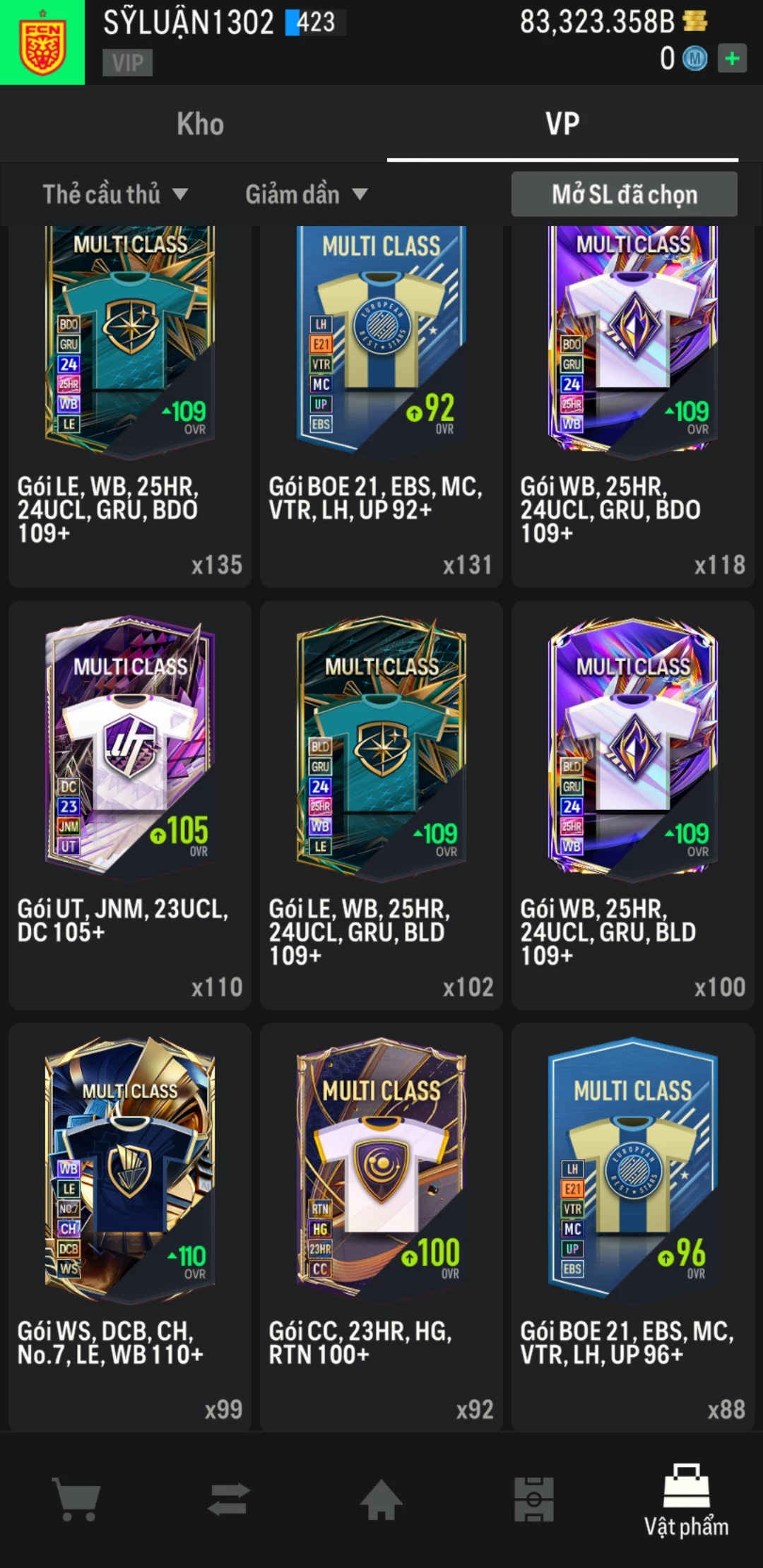 Ảnh ACC mở thẻ (LOẠI SVIP PROMAX) bao gồm có 01 thẻ +12, 03 thẻ PRIME (QH+, CP+, XS+) và hơn 1600+ đến 3500+ thẻ cầu thủ từ Siêu sao đến Miền núi các loại. Acc có sẵn BP trắng từ 55.000 tỷ BP đến 90.000 tỷ BP